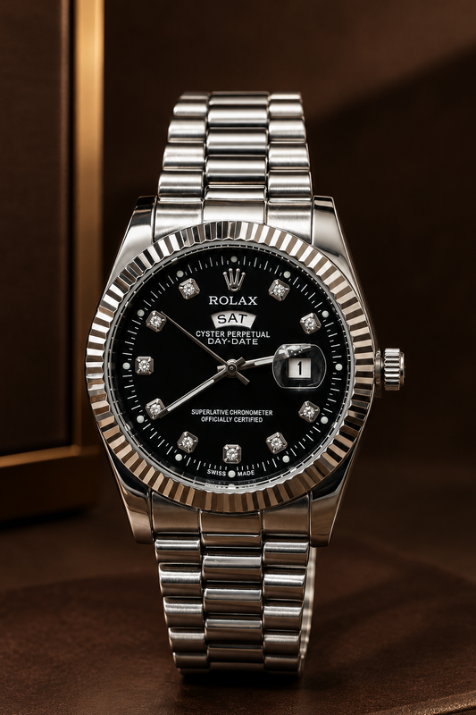 ROLAX Day-Date Quartz Watch – Black Dial Silver Bracelet