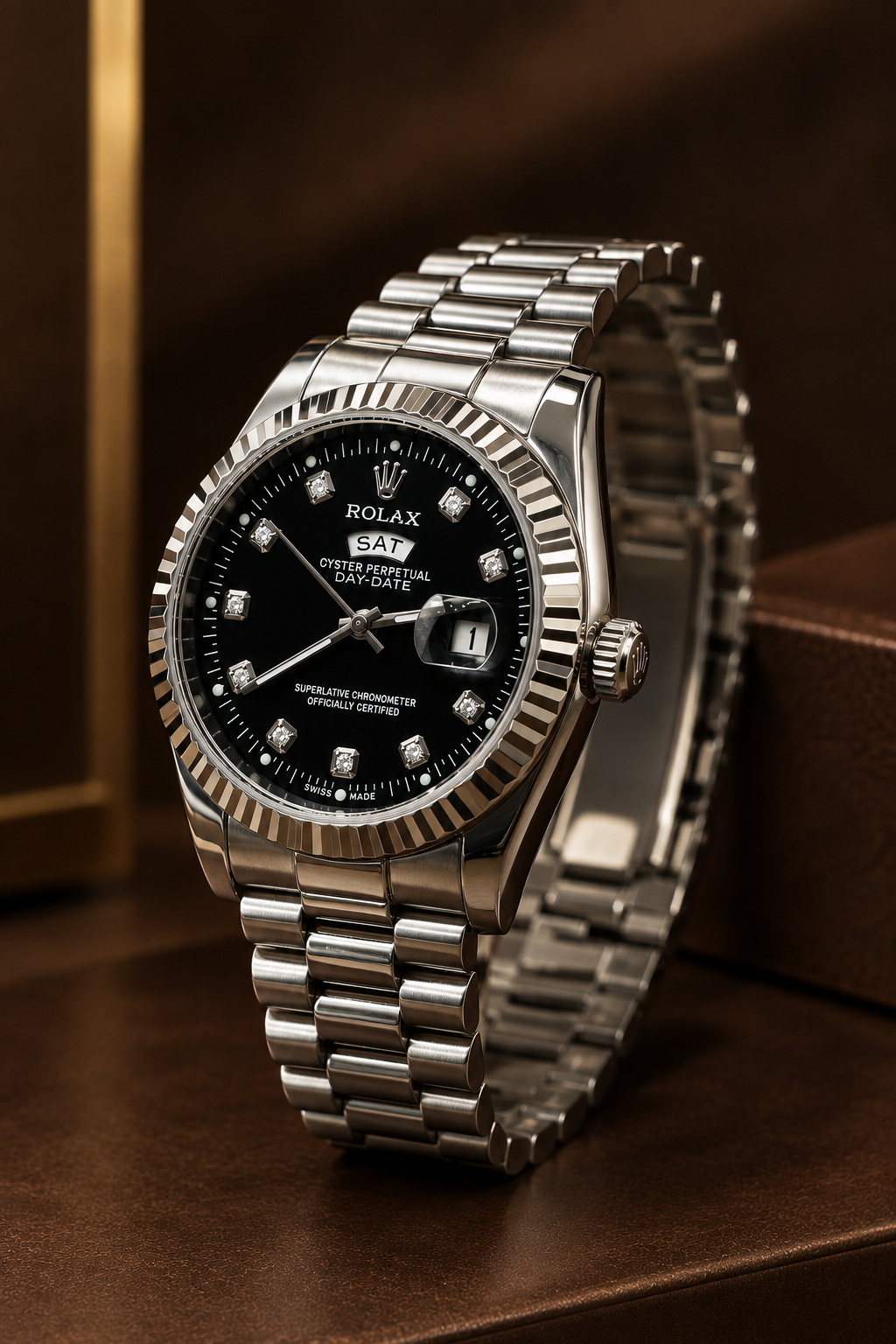 ROLAX Day-Date Quartz Watch – Black Dial Silver Bracelet