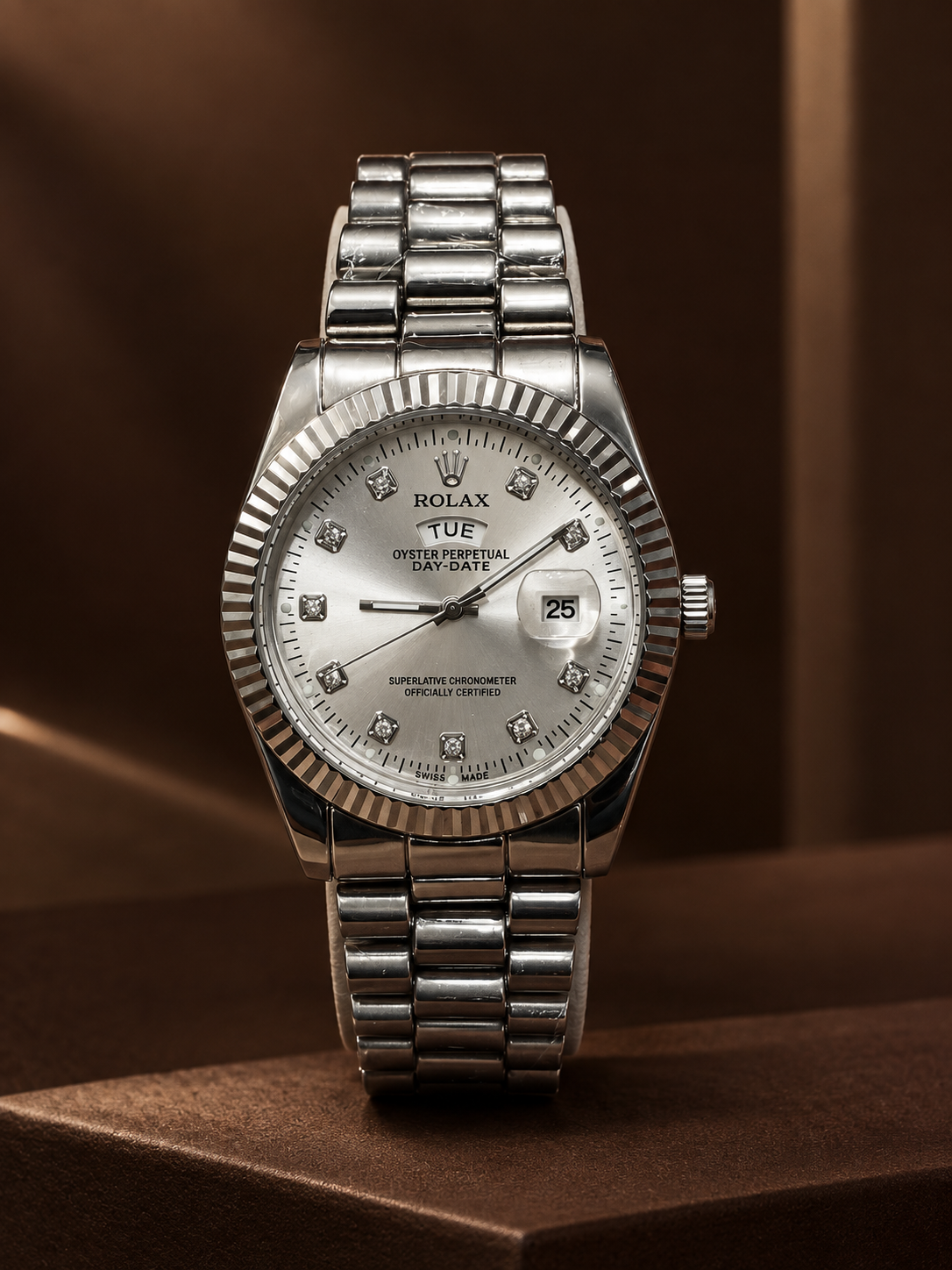 ROLAX Day-Date Quartz Watch – Silver Dial Silver Bracelet